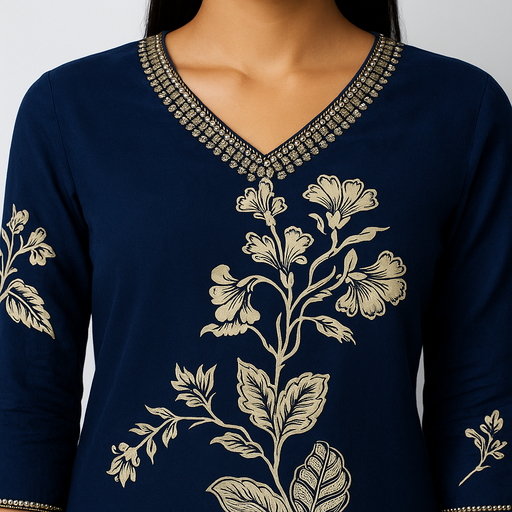 Straight Fit Printed V-Neck Kurta With Pant With Dupatta Set
