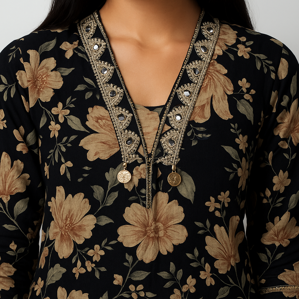Straight Fit Printed V-Neck Kurta With Pant With Dupatta Set