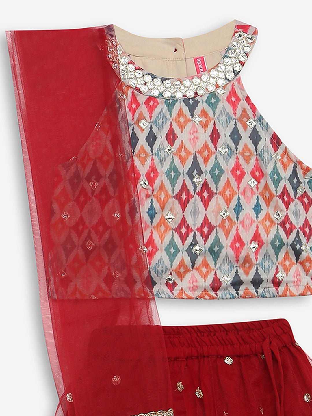 Girls Flare Fit Embellished Crop Top and Skirt with Dupatta Set