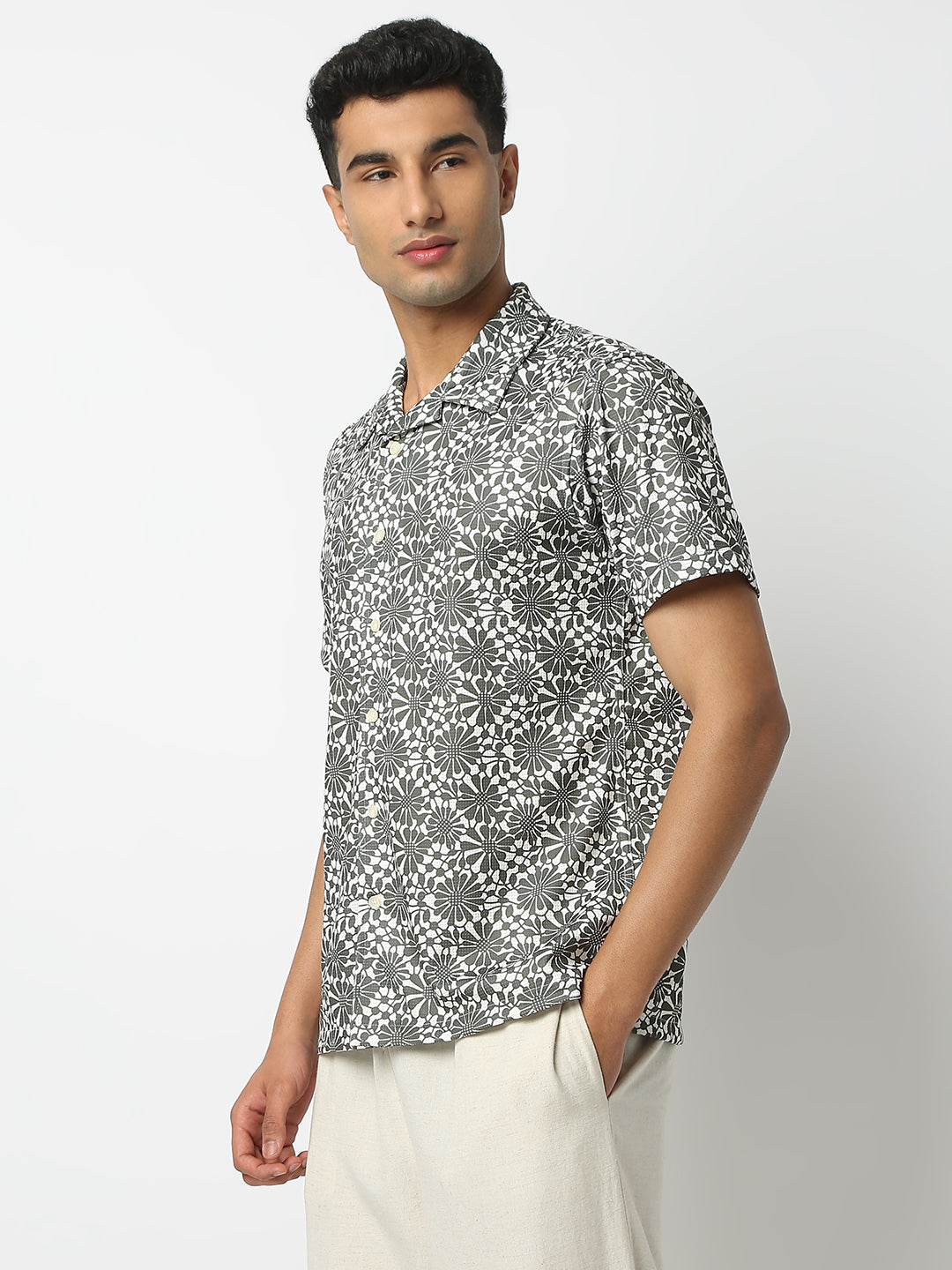 Relaxed Fit Digital Print Camp Collar Half Sleeve Shirt
