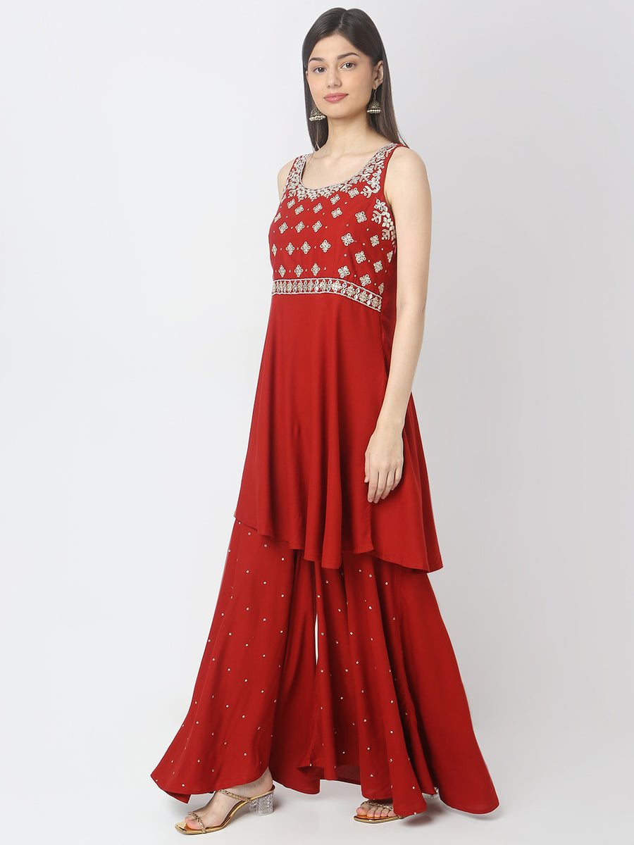 Rust Embroidered Kurta with Sharara