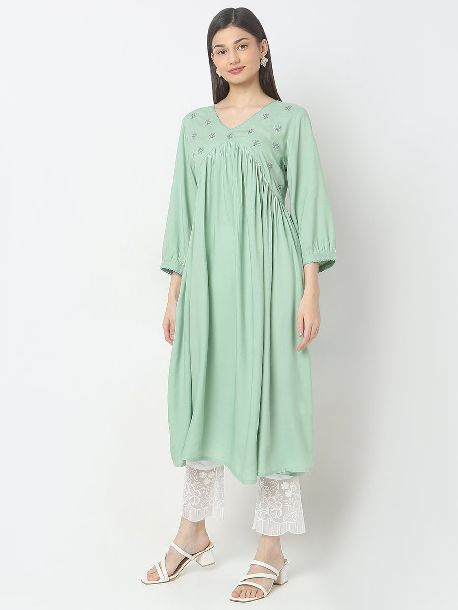 Green Printed Kurta with Flare Pant Set