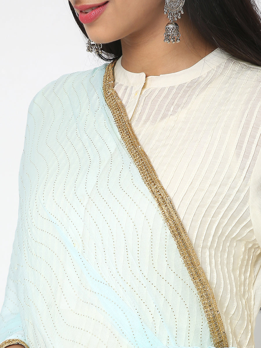 Net cotton sky blue dupatta with white print