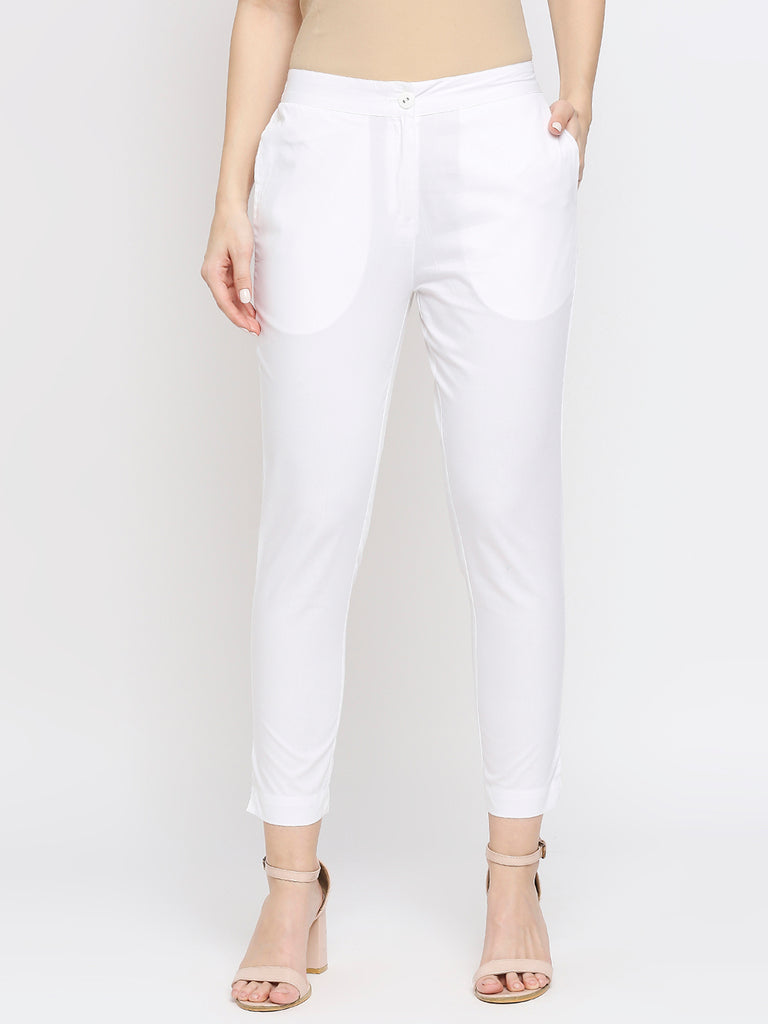 Women's White Cotton Solid Pants