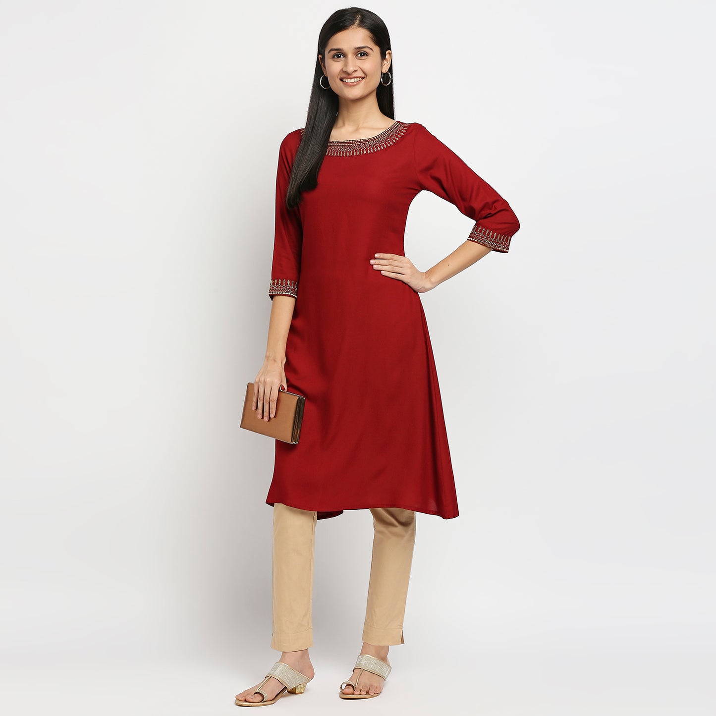 Women's Beige Cotton Solid Pants