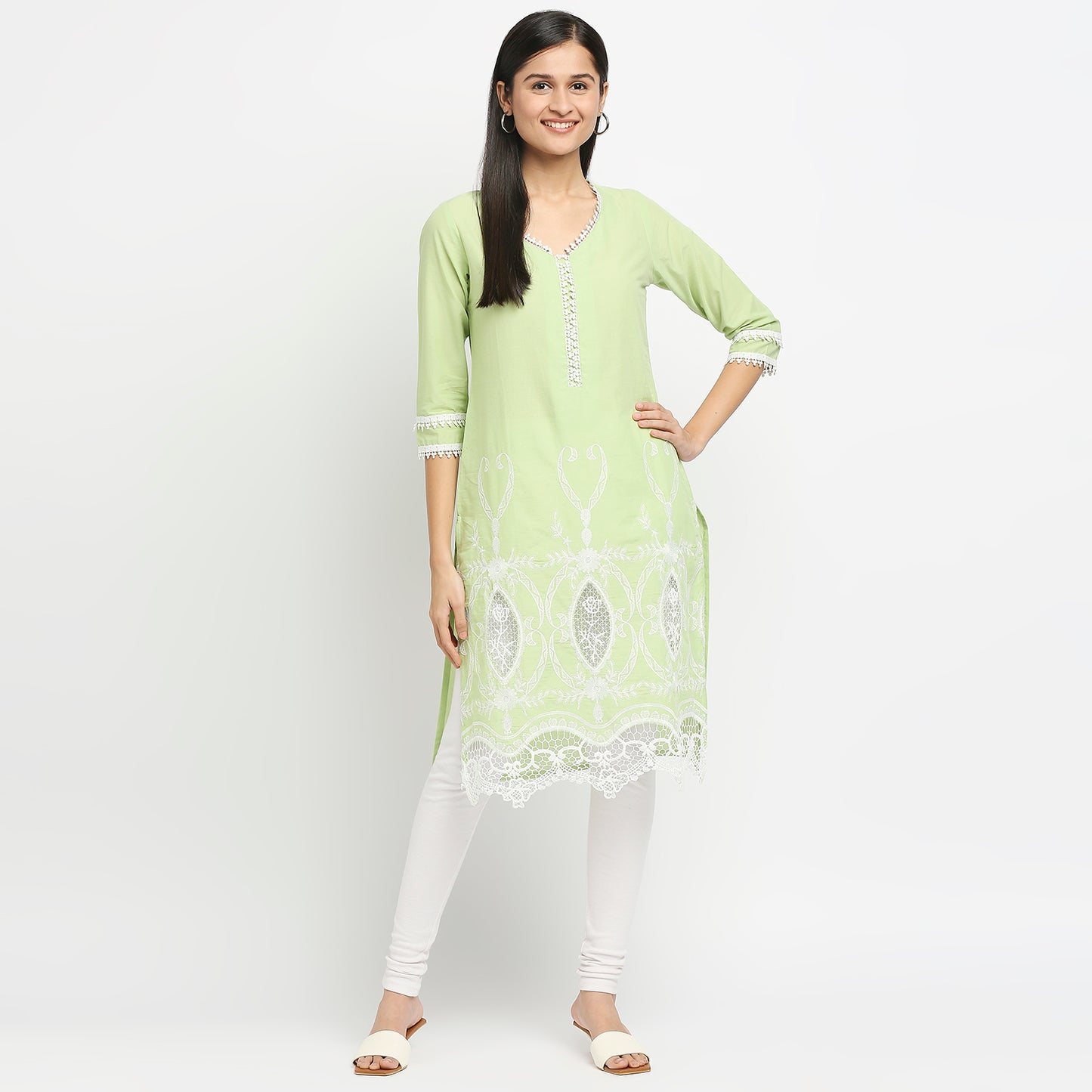 Women's Green Cotton Swiss Dot Printed Kurta