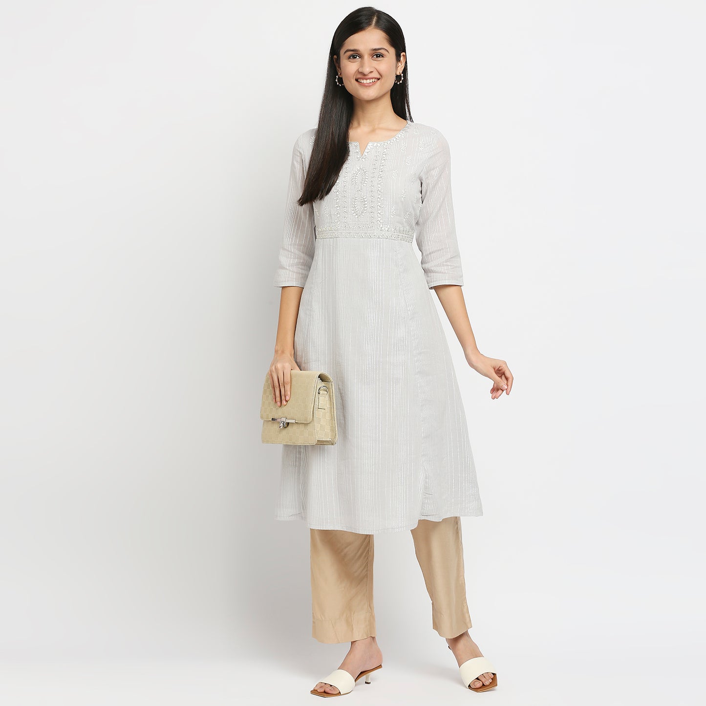 Women's Grey 60'S Cambric Embroidered Kurta