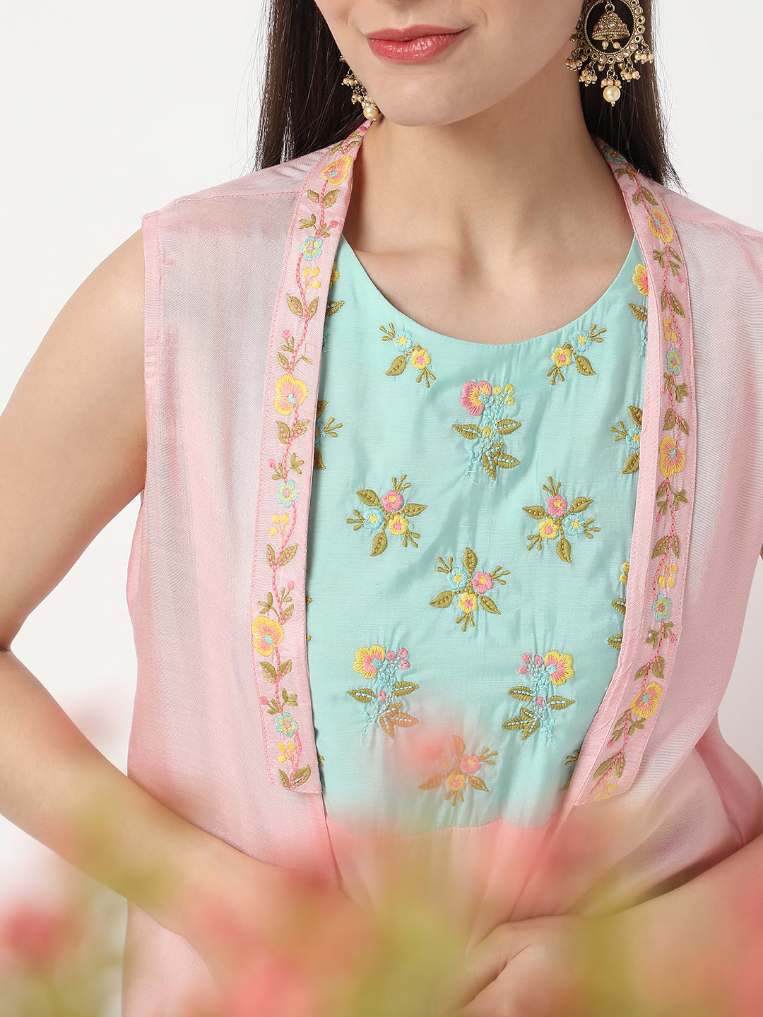 Nylangan Women's Multicolour Modal Chanderi Embroidered Kurta