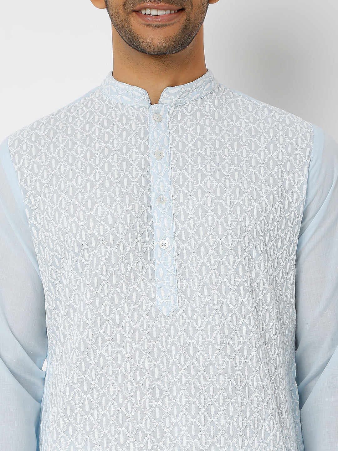Men's Blue Poly Cotton Embroidered Kurta