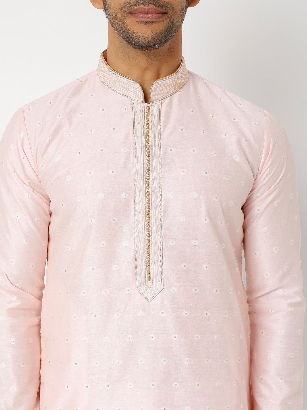 Men's Pink Polyester Cotton Printed Kurta Churidar Sets