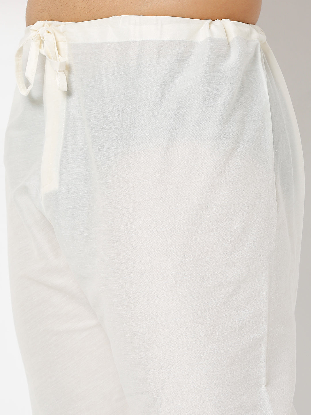 Men's Cream Polyester Cotton Embellished Kurta Churidar Sets