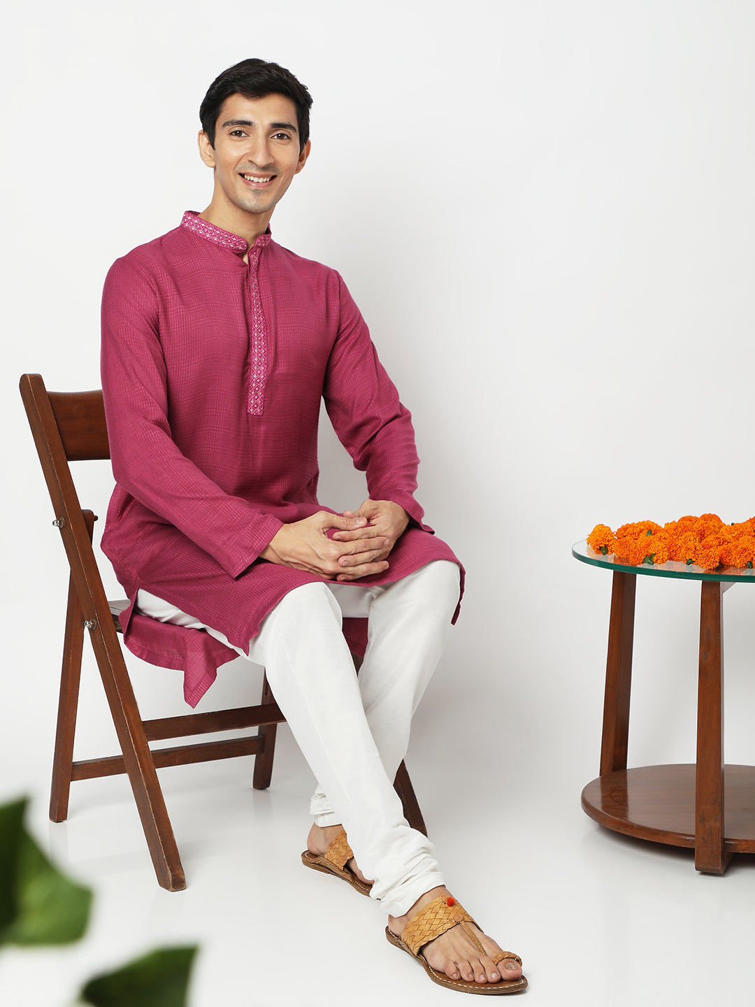 Men's Onion Pink Viscose Embroidered Kurta