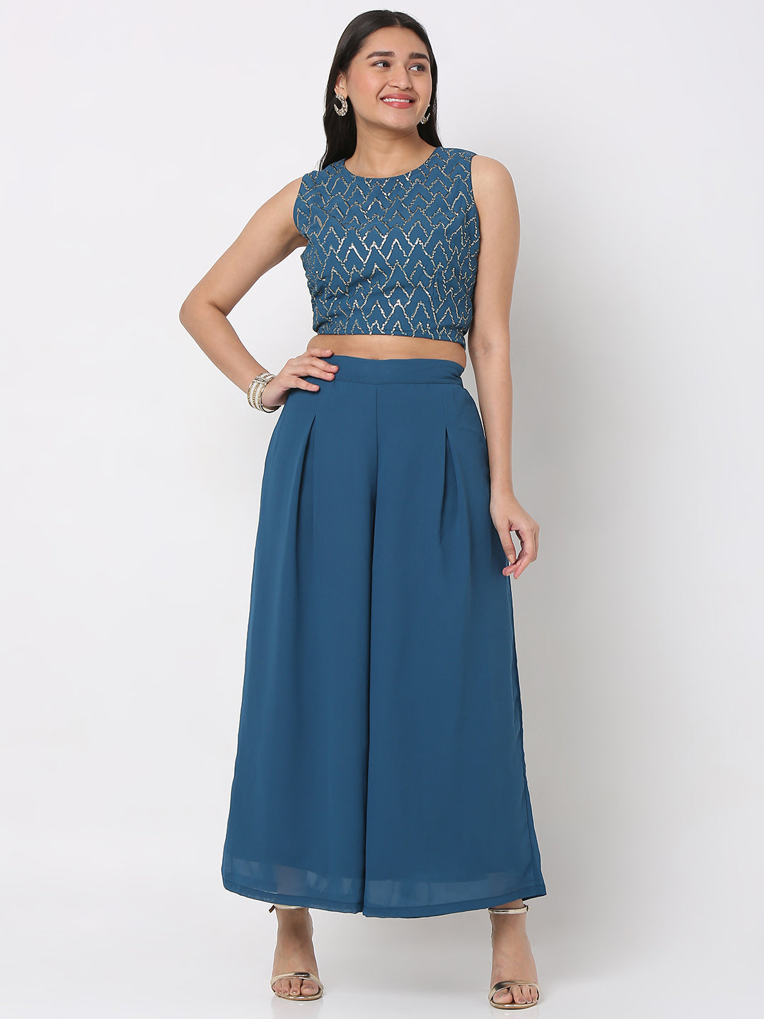 Women's Blue Polyester Georgette Embellished Cape Set