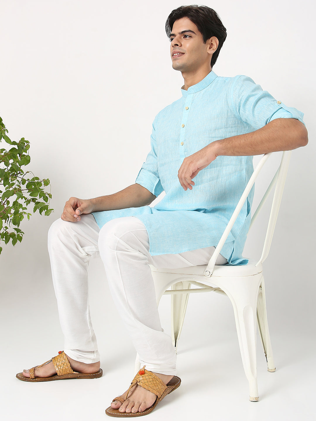 Matchles Men's Sky Blue Linen Solid Kurta