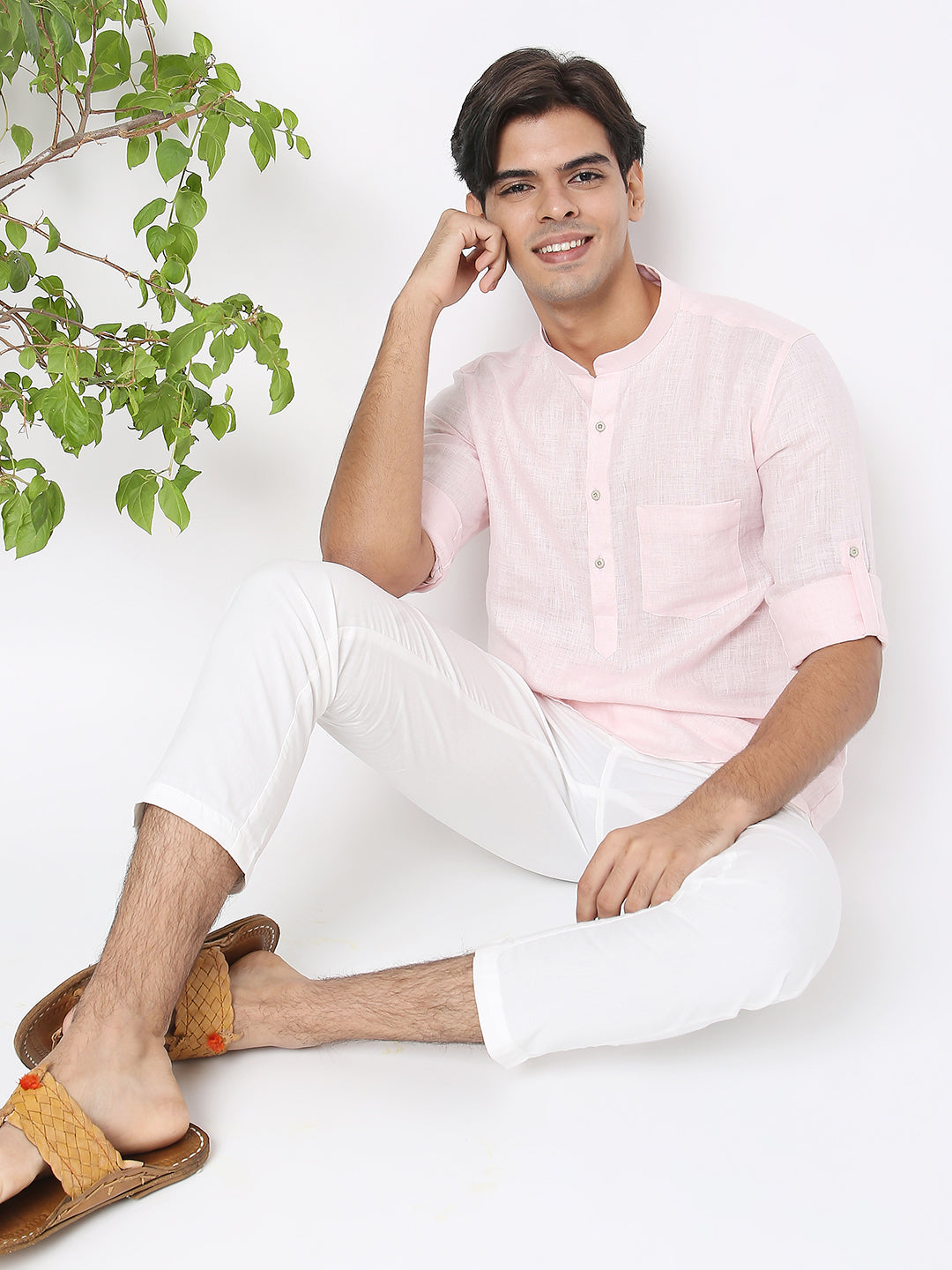 Matchles Men's Pink Linen Solid Kurta