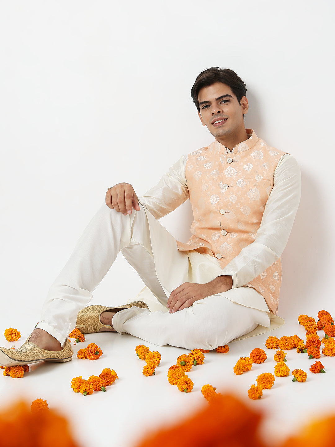 Men's Peach Polyester Floral Jackets