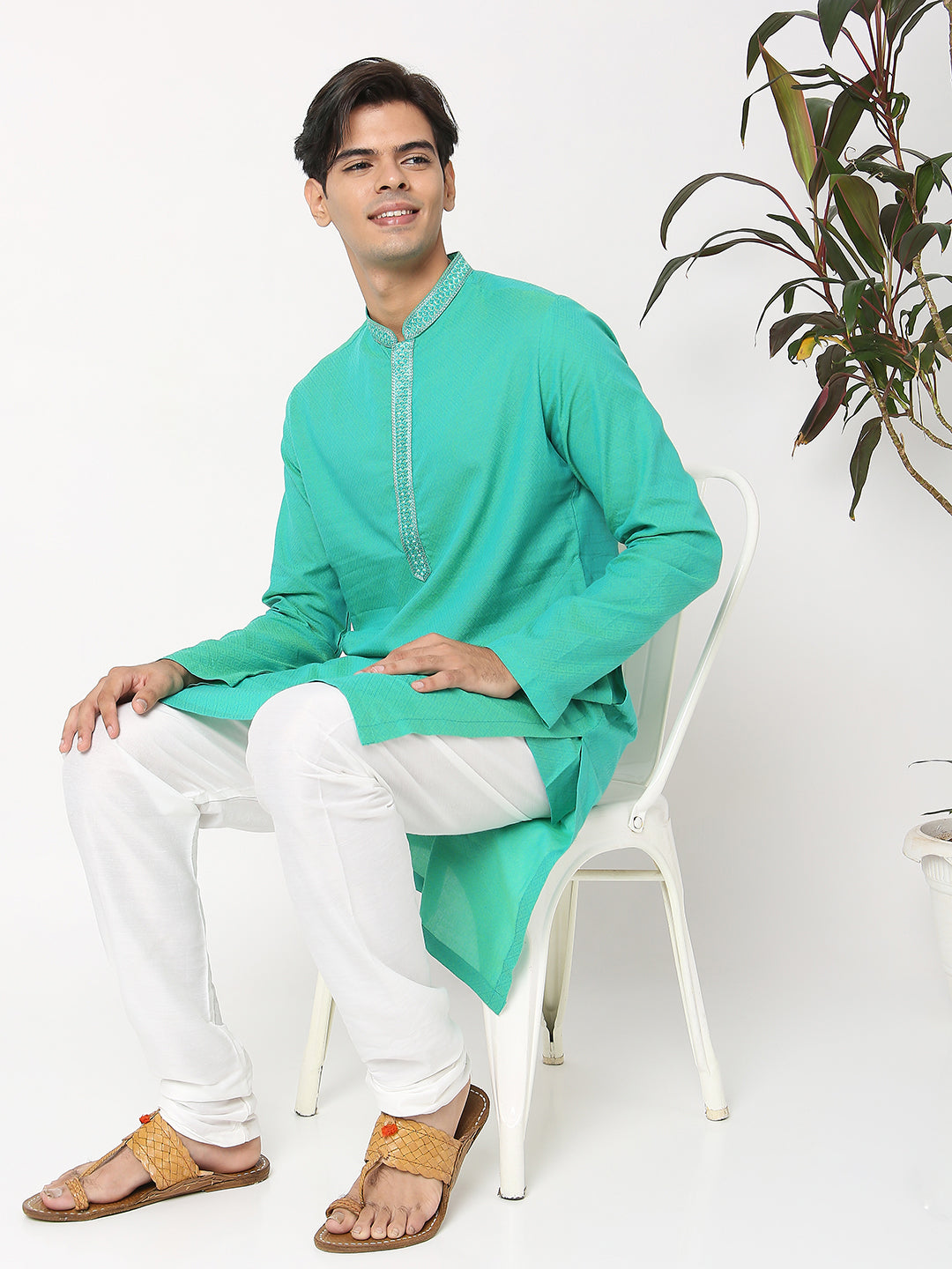 Men's Green Cotton Dobby Embroidered Kurta