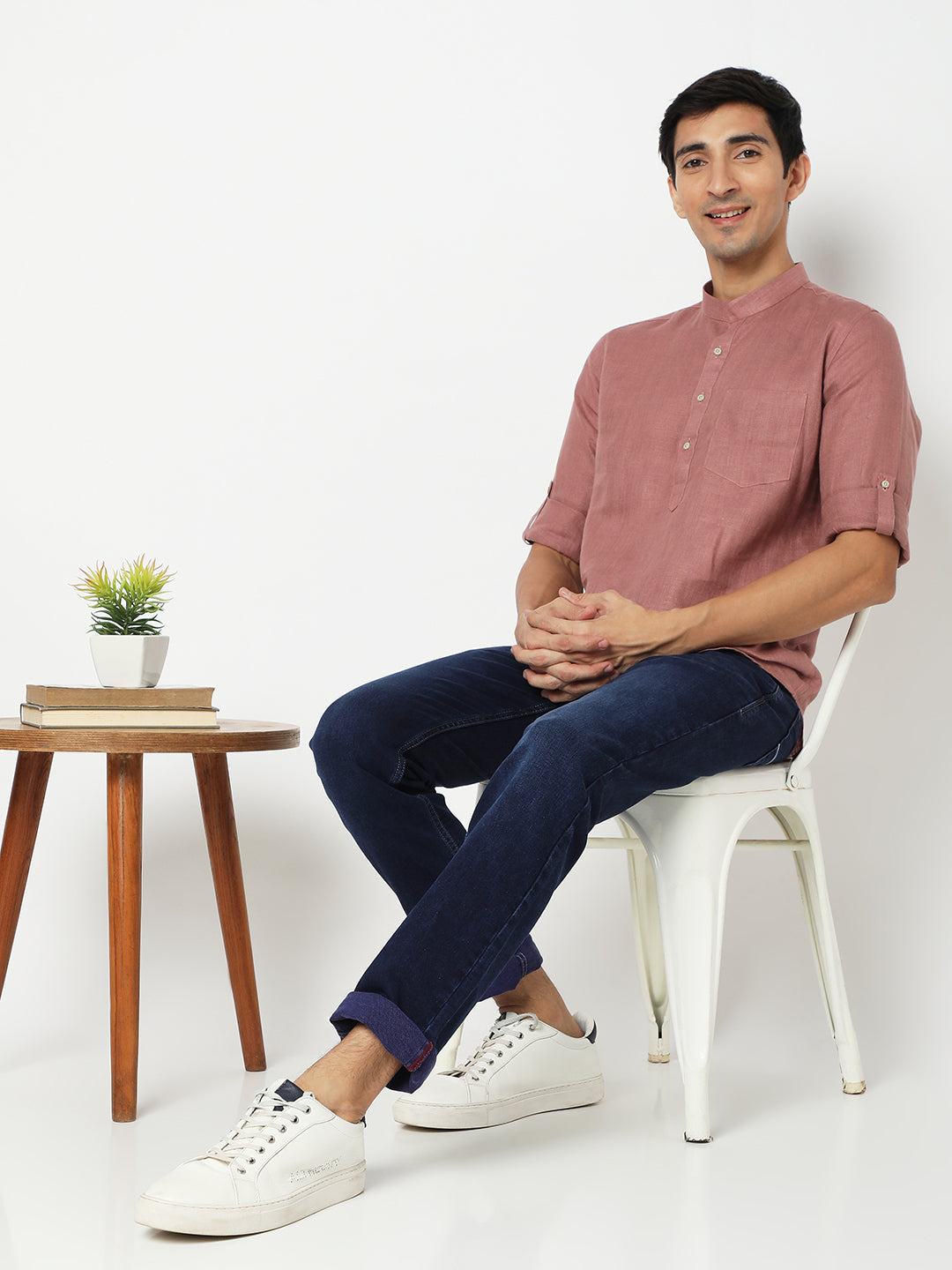 Matchles Men's Pink Linen Solid Kurta