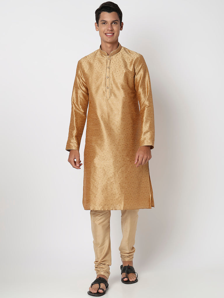 Men Wearing Golden Polyester Abstract Kurta Set