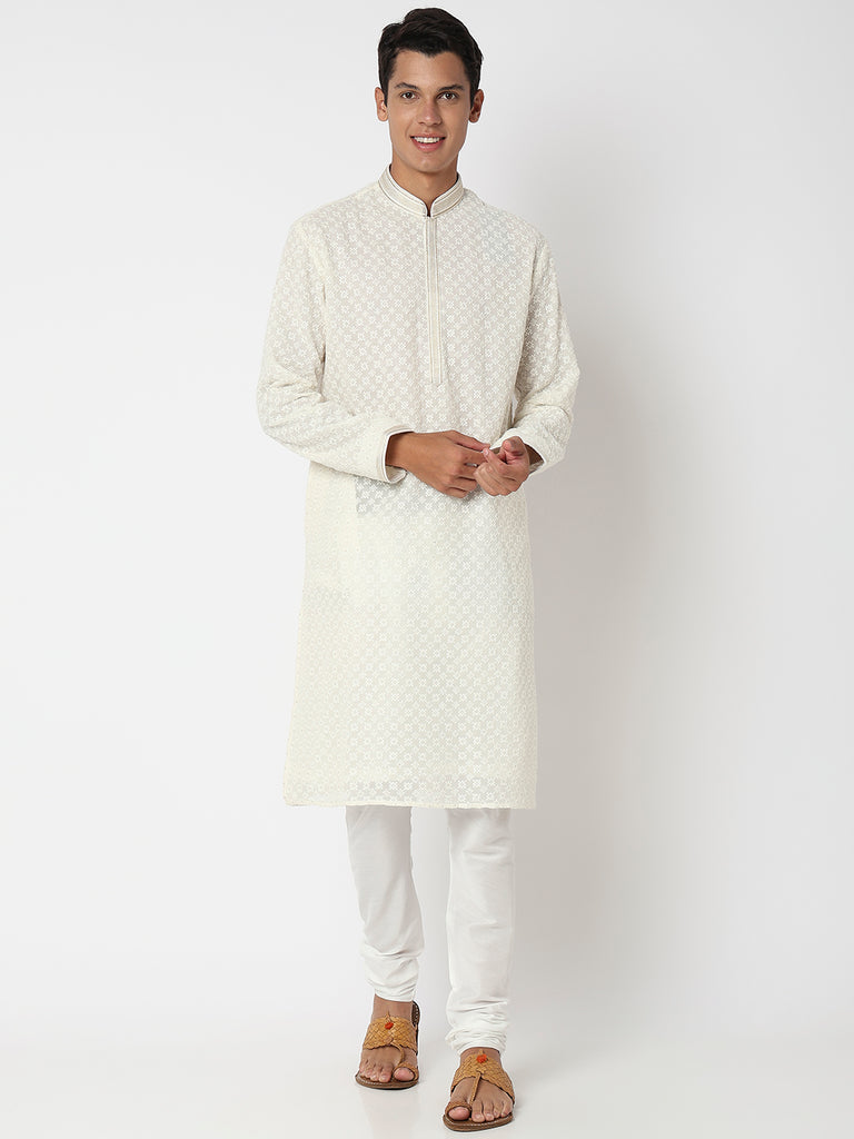 Men Wearing White Polyester Embroidered Kurta Set