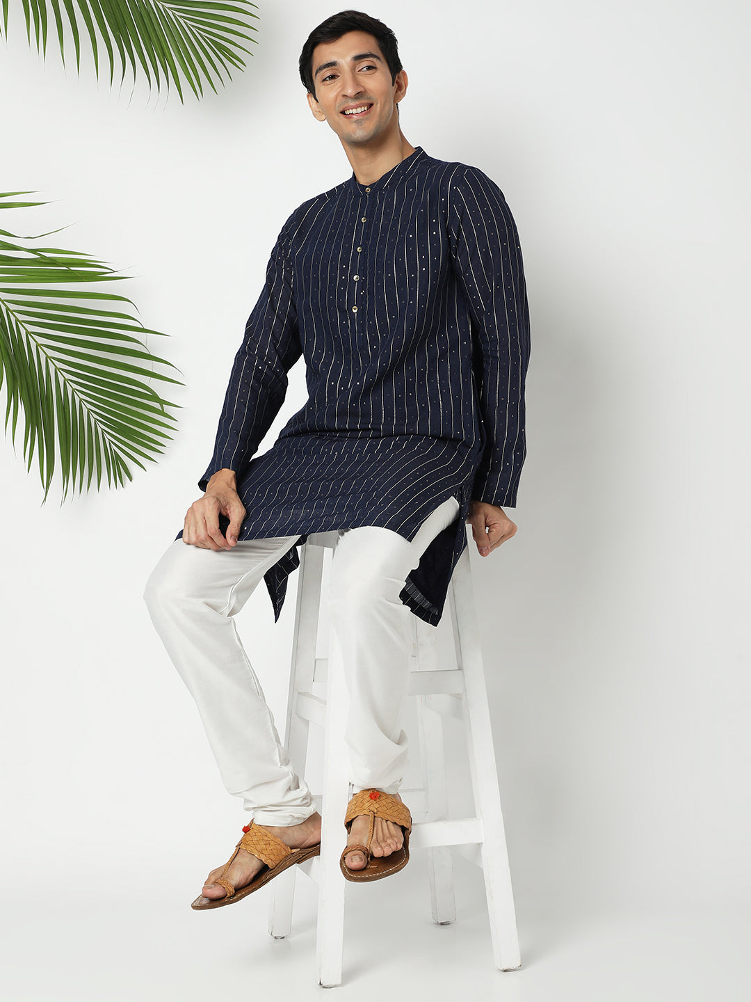 Men's Navy Blue Polyester Embellished Kurta