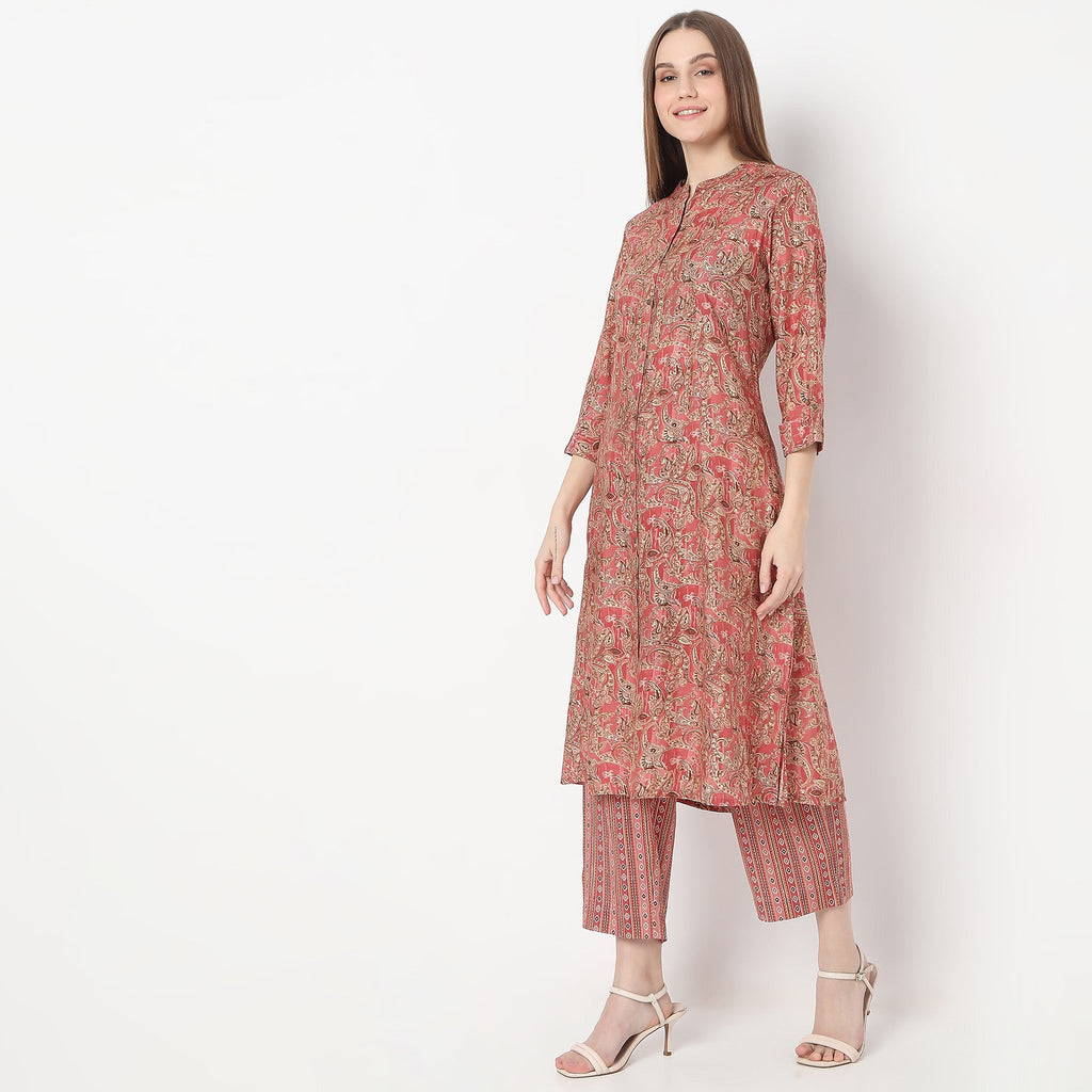 Floral Print Calf Length A-Line Kurta with Pant Set