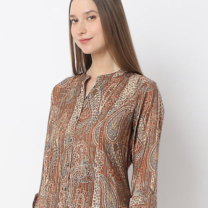A-Line Printed Band Collar Kurta with Pant Set