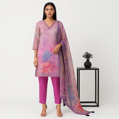 Straight Fit Printed V-Neck Flash Buy Kurta With Pant With Dupatta Set