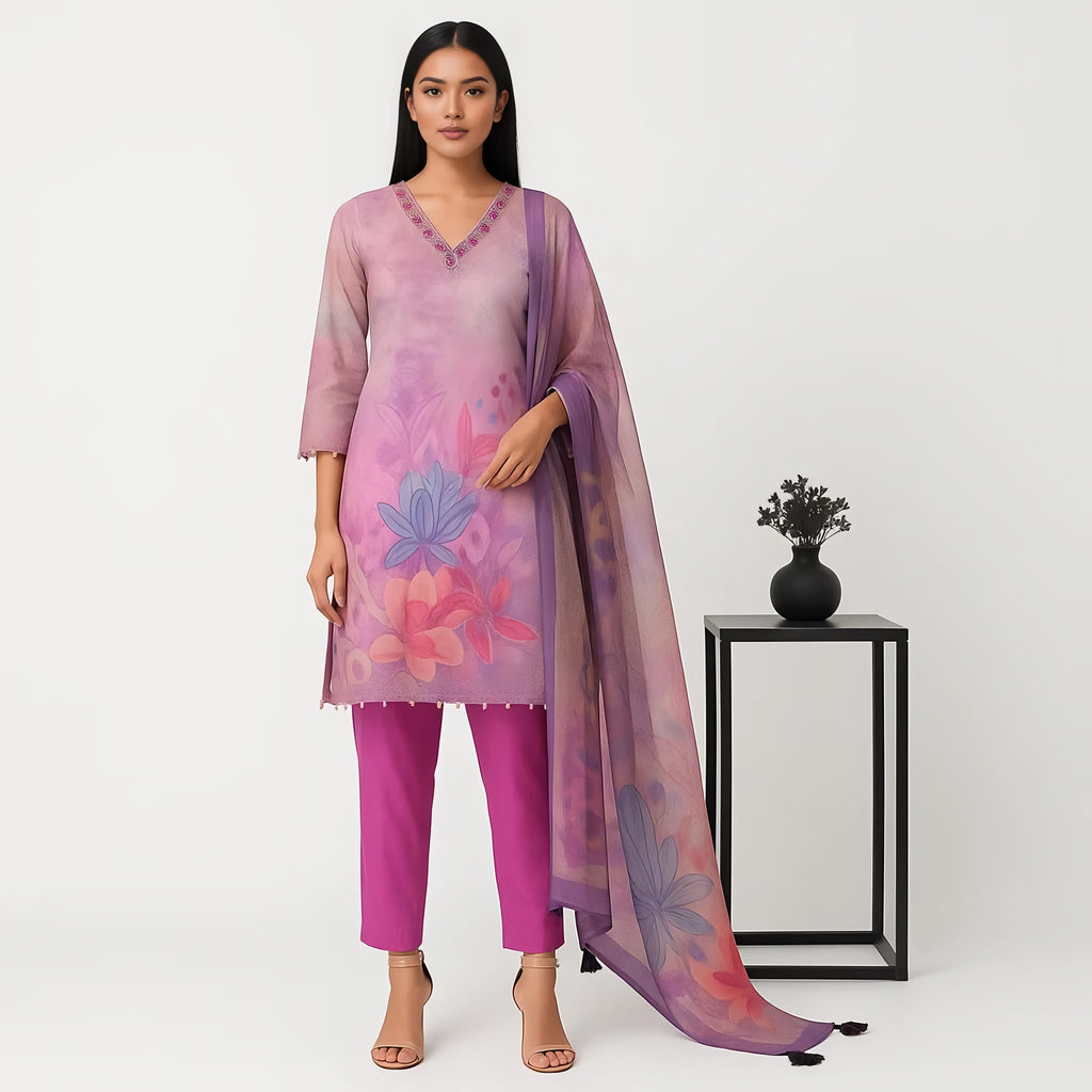 Straight Fit Printed V-Neck Flash Buy Kurta With Pant With Dupatta Set