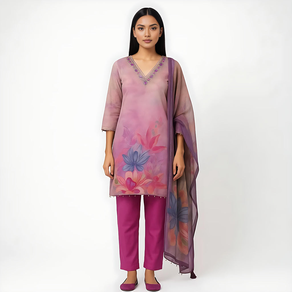 Straight Fit Printed V-Neck Flash Buy Kurta With Pant With Dupatta Set