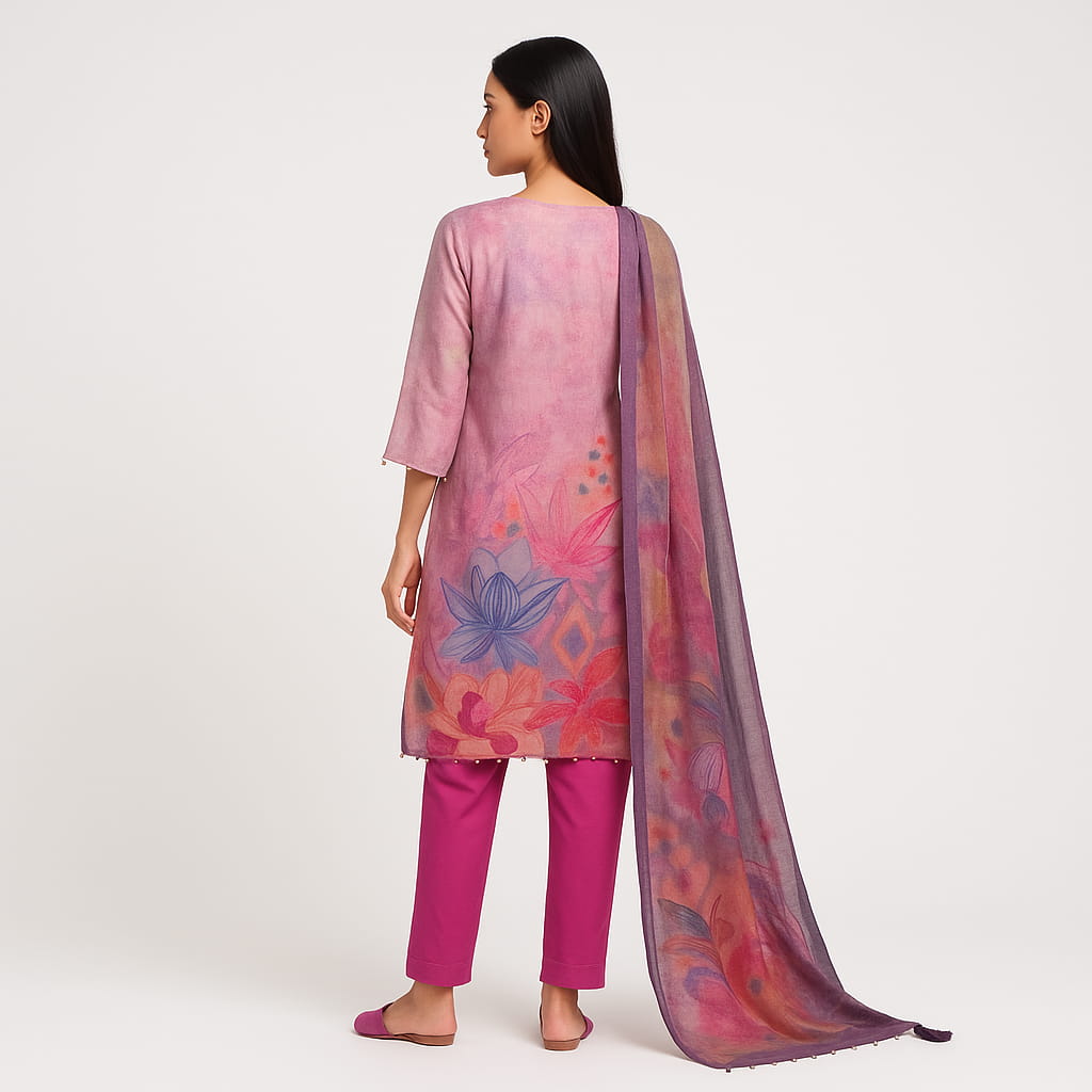 Straight Fit Printed V-Neck Flash Buy Kurta With Pant With Dupatta Set