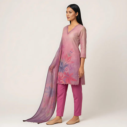 Straight Fit Printed V-Neck Flash Buy Kurta With Pant With Dupatta Set