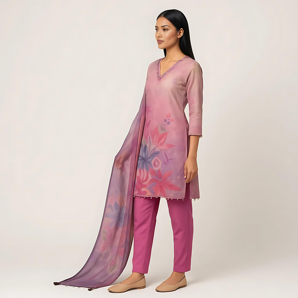Straight Fit Printed V-Neck Flash Buy Kurta With Pant With Dupatta Set