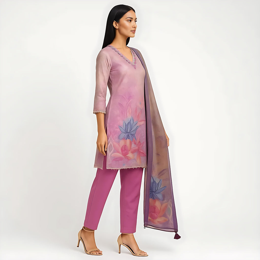 Straight Fit Printed V-Neck Flash Buy Kurta With Pant With Dupatta Set
