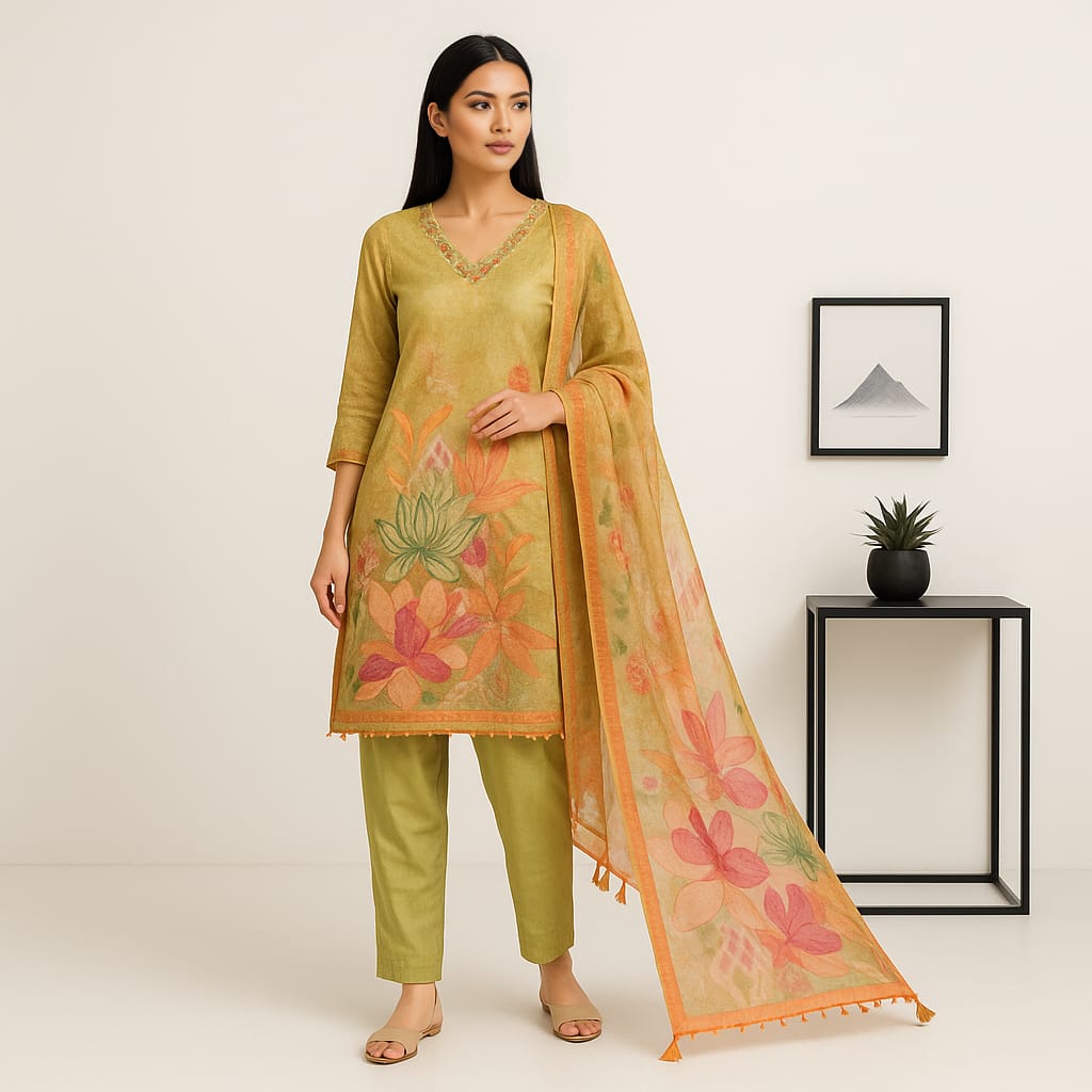 Straight Fit Printed V-Neck Flash Buy Kurta With Pant With Dupatta Set
