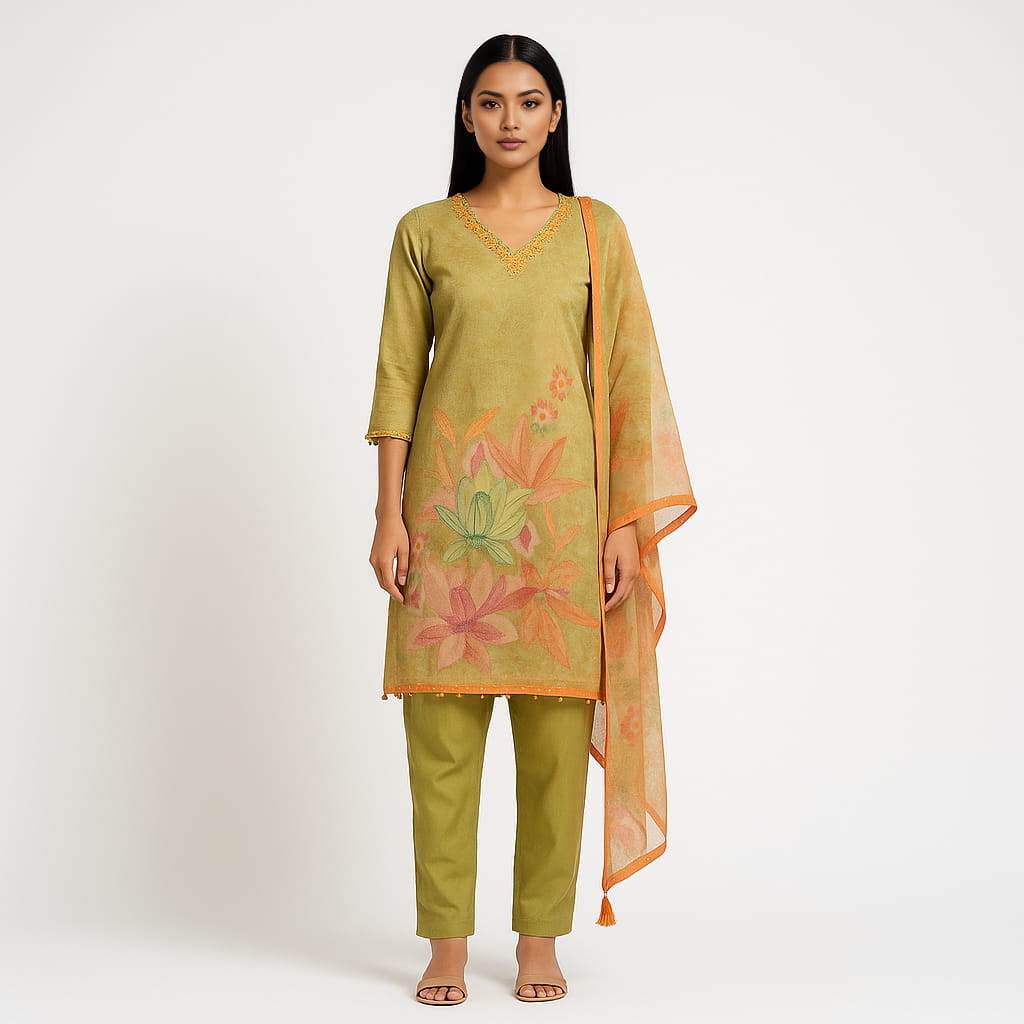 Straight Fit Printed V-Neck Flash Buy Kurta With Pant With Dupatta Set