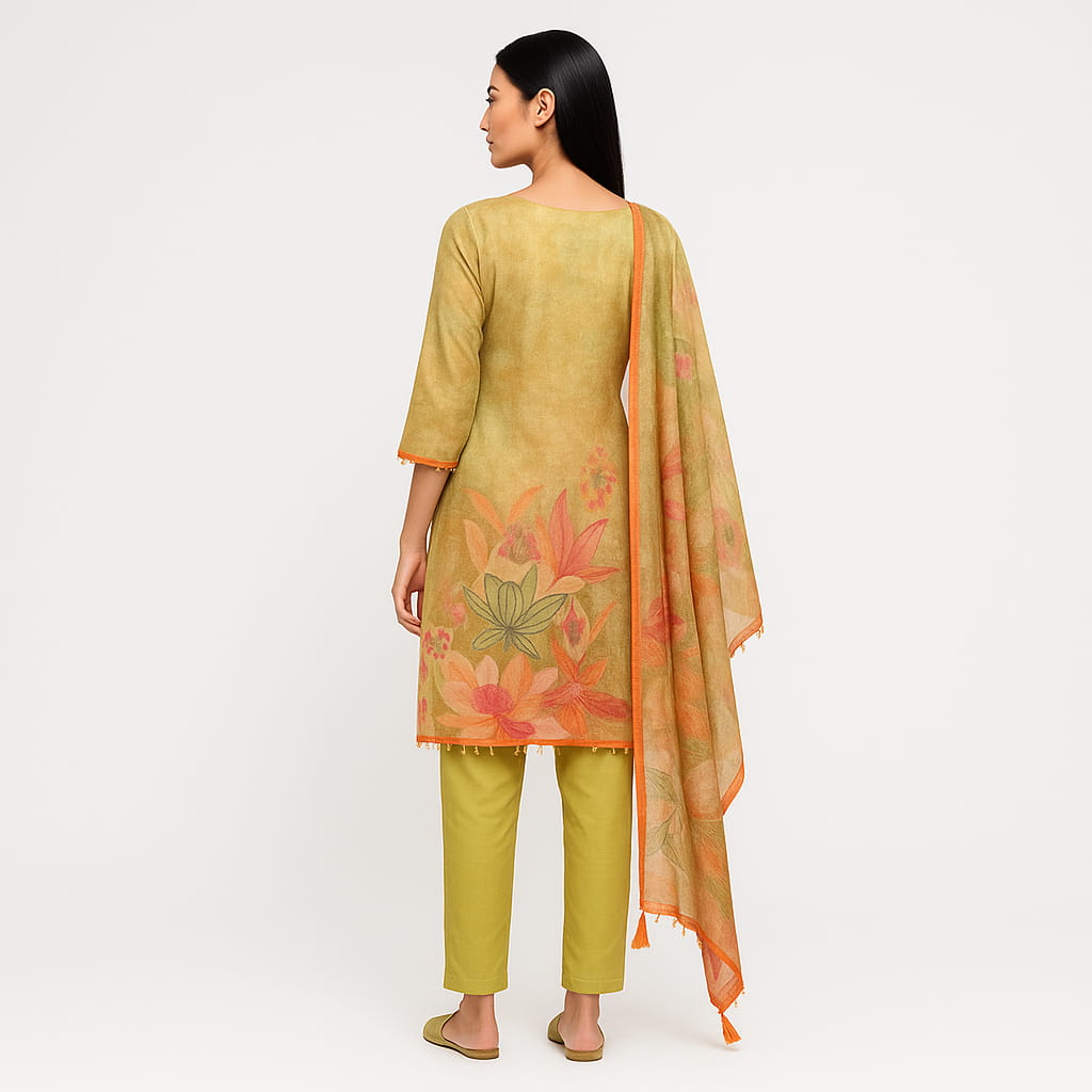 Straight Fit Printed V-Neck Flash Buy Kurta With Pant With Dupatta Set