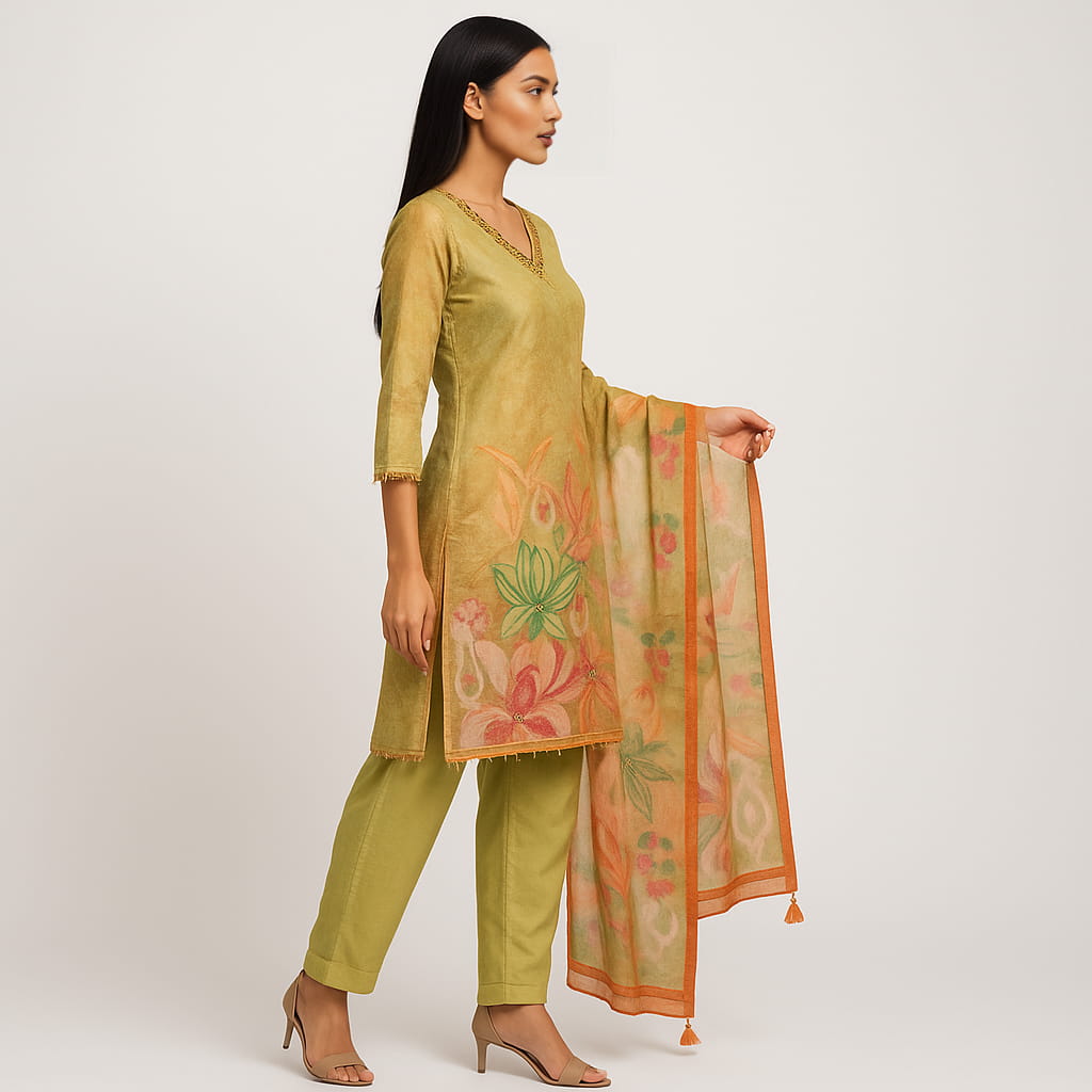 Straight Fit Printed V-Neck Flash Buy Kurta With Pant With Dupatta Set