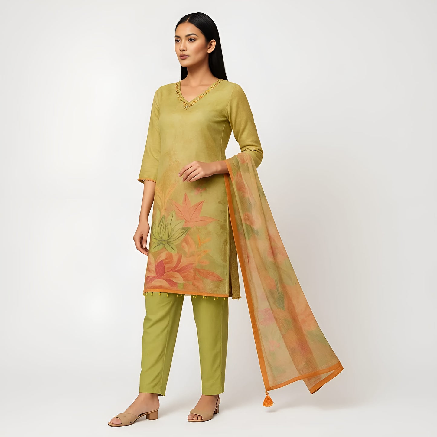 Straight Fit Printed V-Neck Flash Buy Kurta With Pant With Dupatta Set