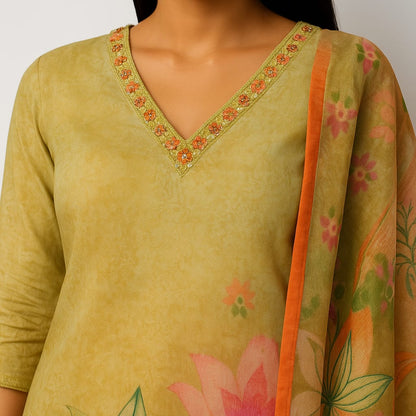 Straight Fit Printed V-Neck Flash Buy Kurta With Pant With Dupatta Set