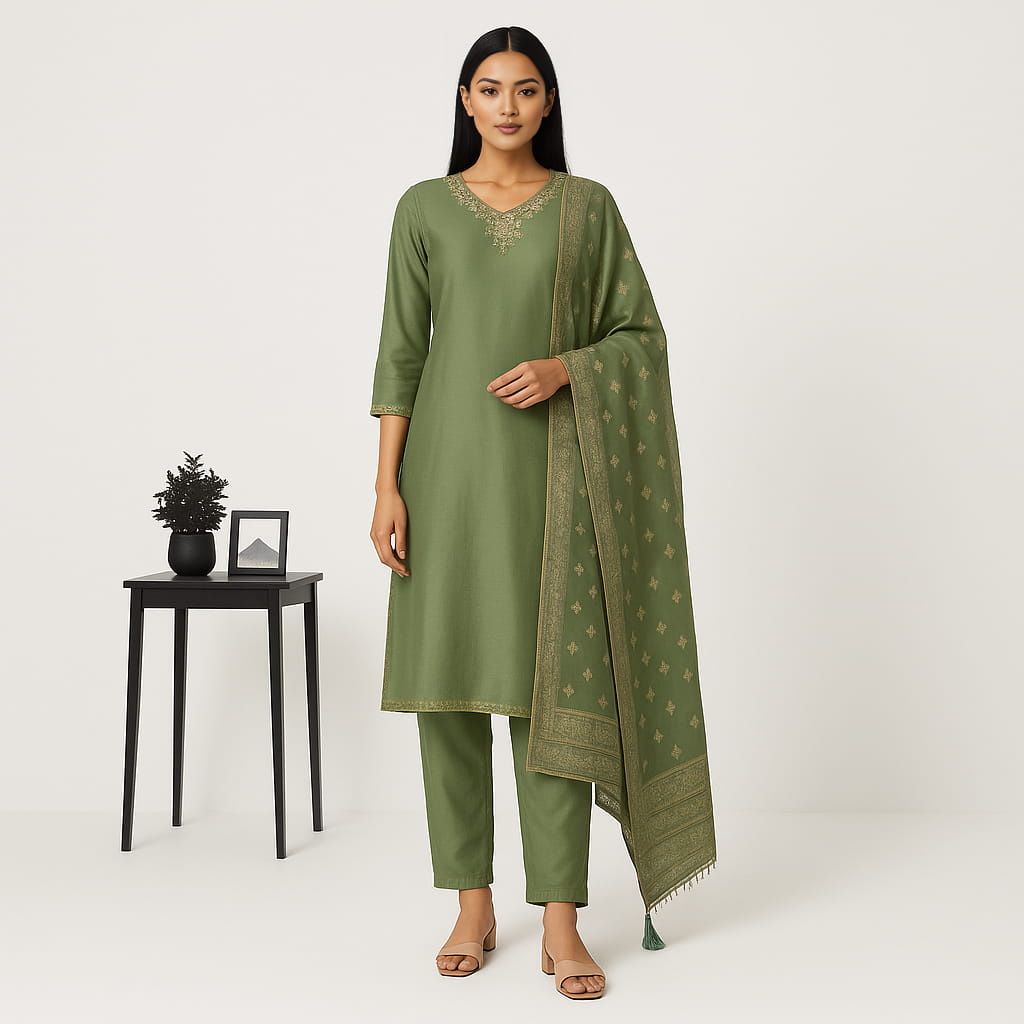 Straight Fit Embellished V-Neck Flash Buy Kurta With Pant With Dupatta Set