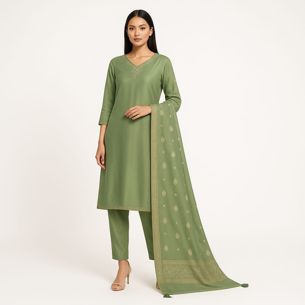 Straight Fit Embellished V-Neck Flash Buy Kurta With Pant With Dupatta Set
