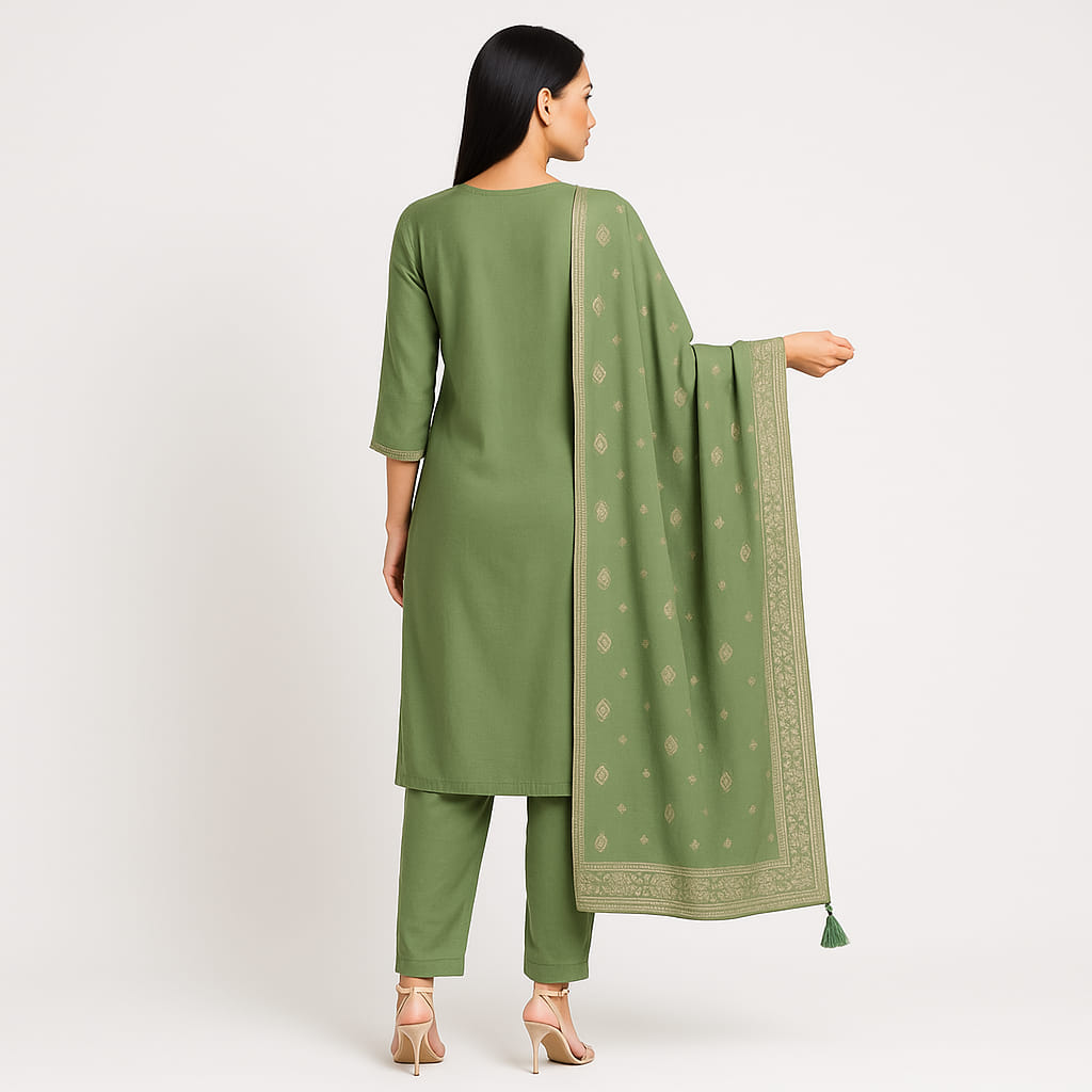 Straight Fit Embellished V-Neck Flash Buy Kurta With Pant With Dupatta Set