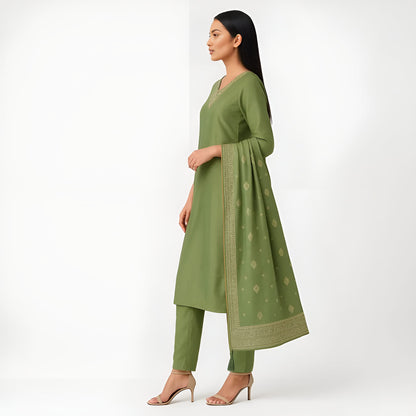 Straight Fit Embellished V-Neck Flash Buy Kurta With Pant With Dupatta Set