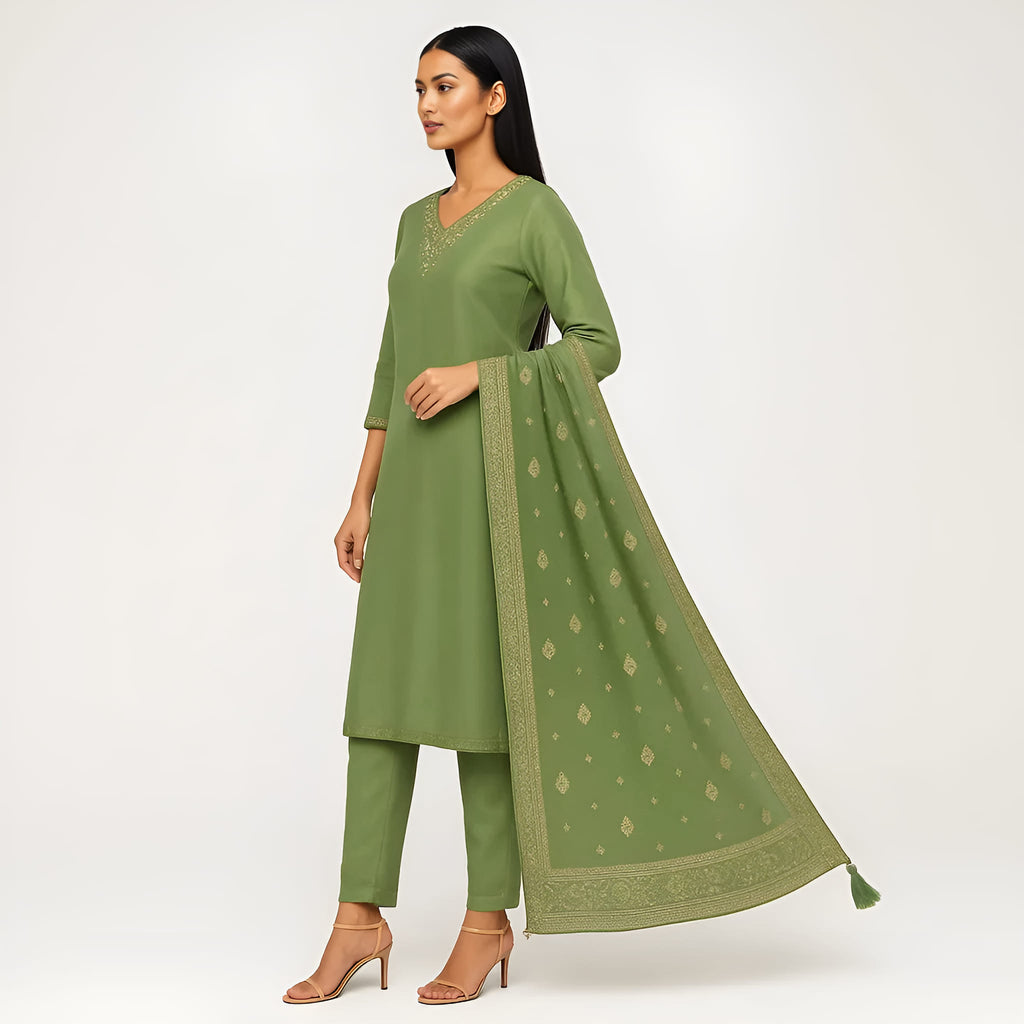 Straight Fit Embellished V-Neck Flash Buy Kurta With Pant With Dupatta Set