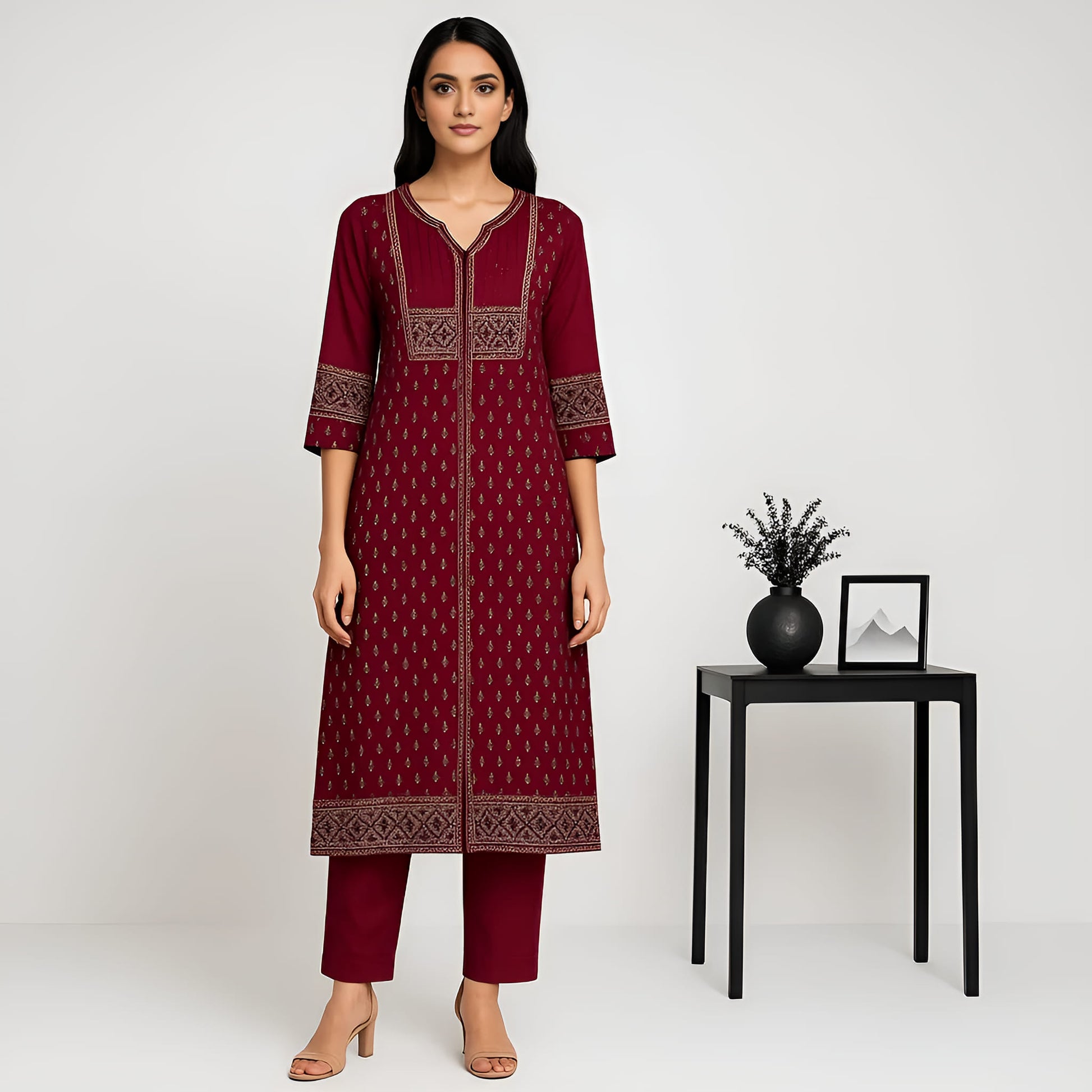 Straight Fit Printed V-Neck Flash Buy Kurta