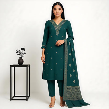 Straight Fit Embellished V-Neck Flash Buy Kurta With Pant With Dupatta Set