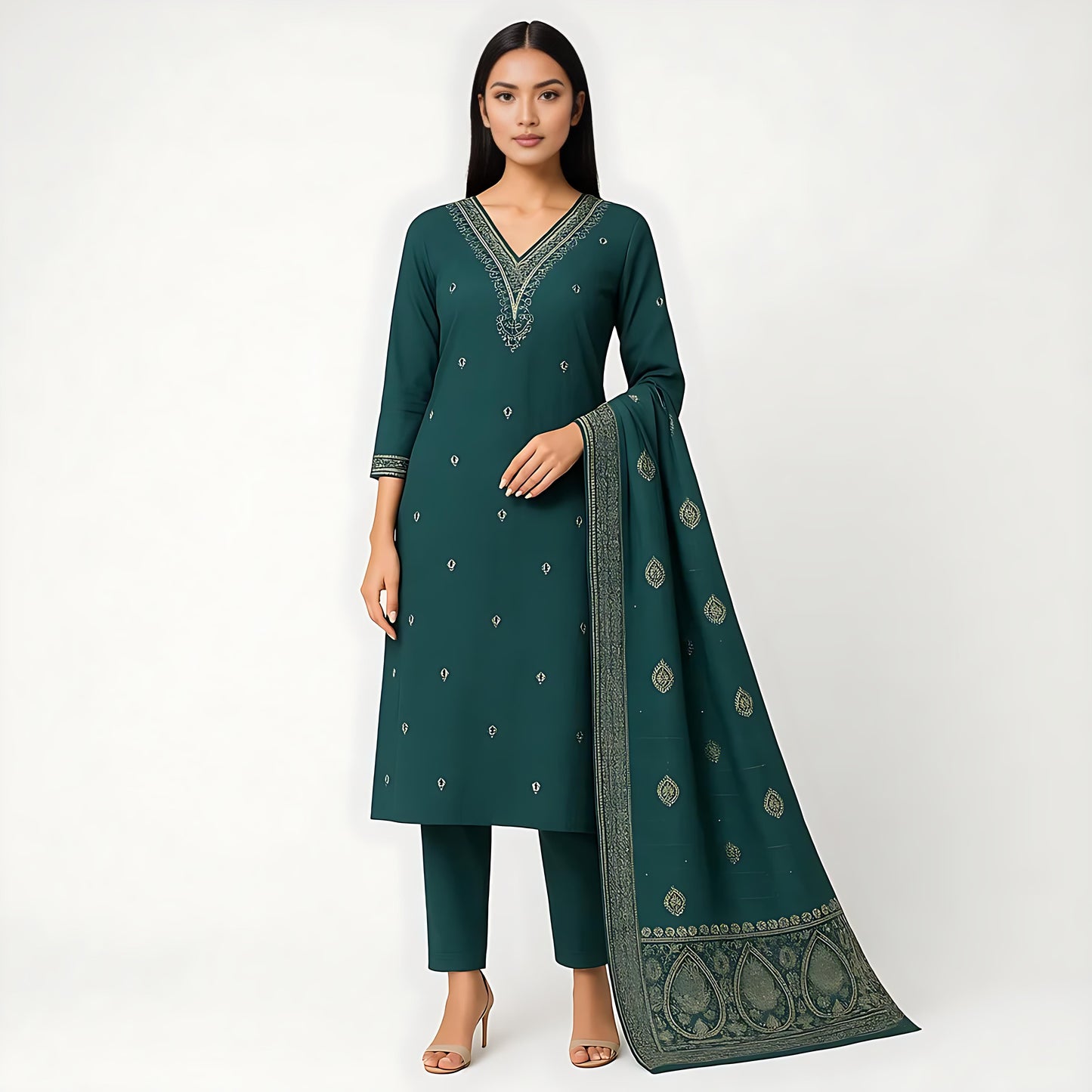 Straight Fit Embellished V-Neck Flash Buy Kurta With Pant With Dupatta Set