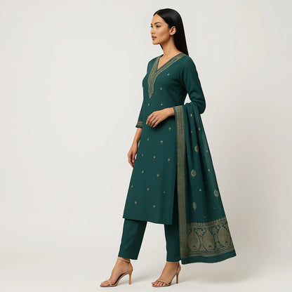Straight Fit Embellished V-Neck Flash Buy Kurta With Pant With Dupatta Set