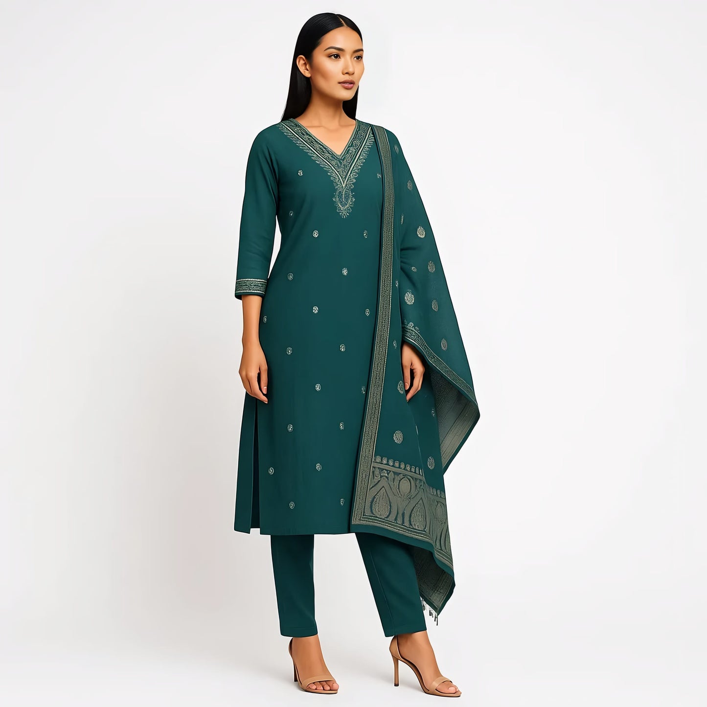 Straight Fit Embellished V-Neck Flash Buy Kurta With Pant With Dupatta Set